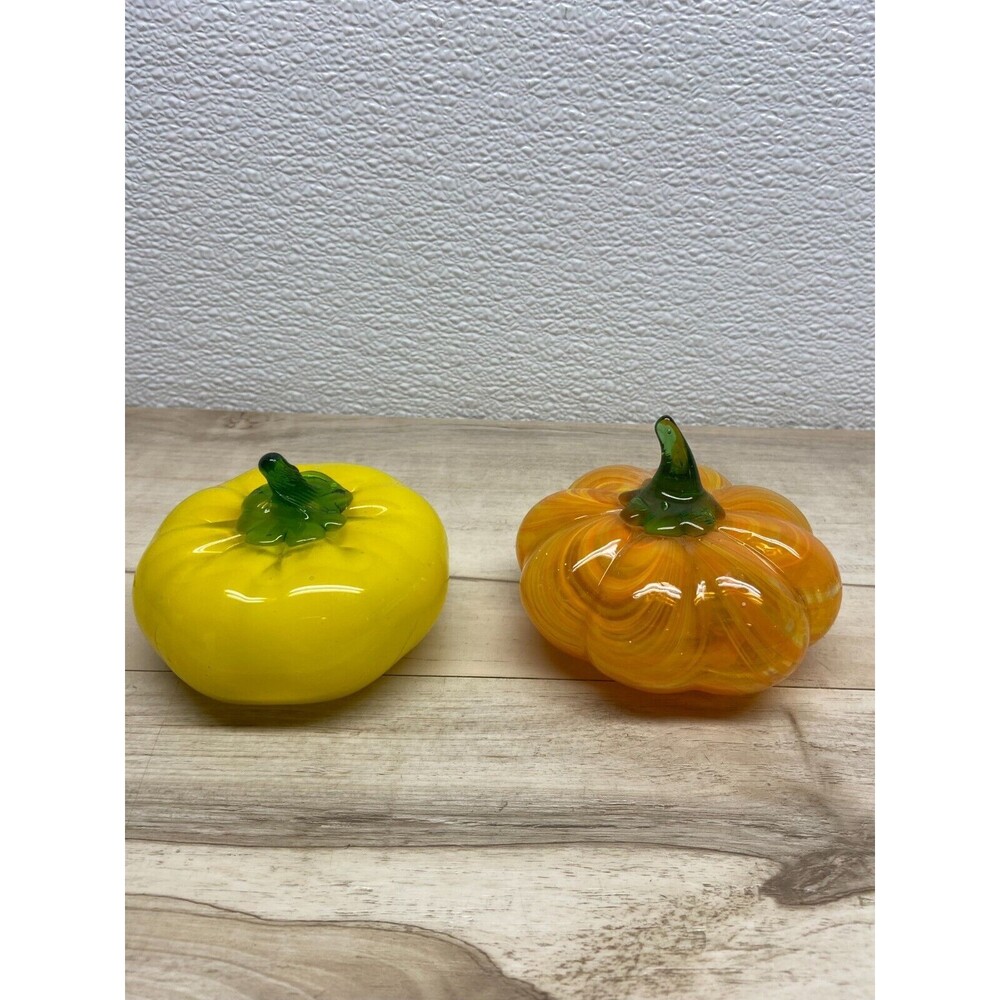 Set Of 2 Unbranded Hand Blow Glass Pumkins Orange & Yellow